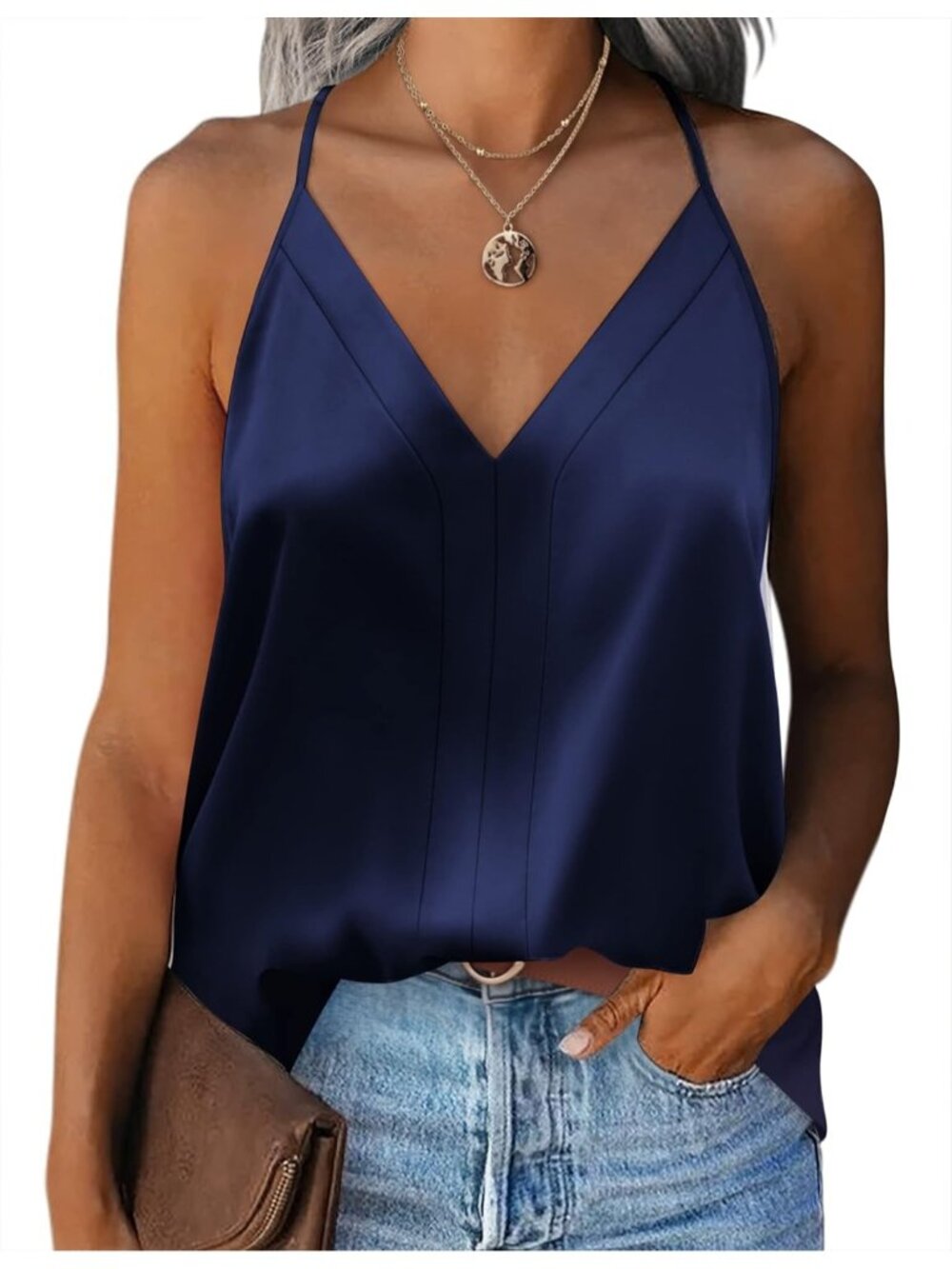 Women's Navy Blue Sleeveless V Neck Silk Satin Causal Pull On Blouse Tank Tops